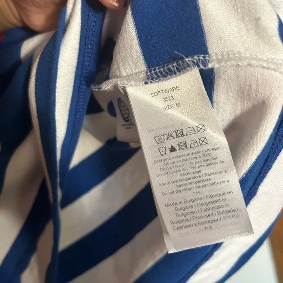 Ganni Blue and White Striped Logo Tee Shirt V Neck Size Medium - Picture 6 of 7